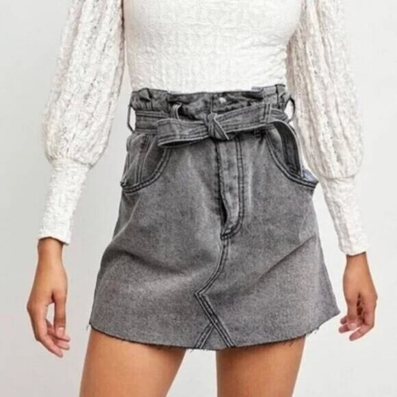 Free People East Of Eden Paperbag Denim Skirt In Washed Black Size 26 - Picture 3 of 9